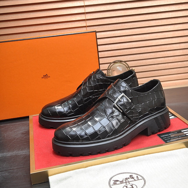 HM MONK STRAP BLACK WITH CROCODILE MOTIF CALFSKIN