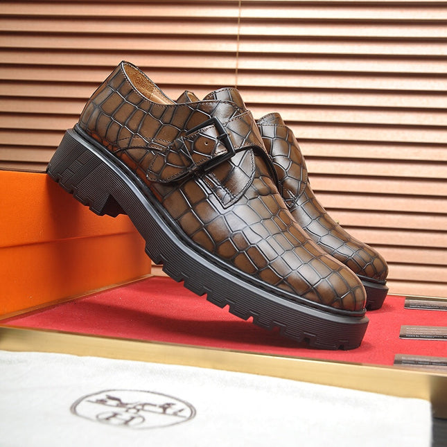 HM MONK STRAP CARAMEL WITH CROCODILE MOTIF CALFSKIN
