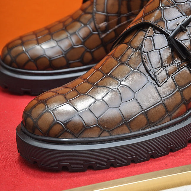 HM MONK STRAP CARAMEL WITH CROCODILE MOTIF CALFSKIN