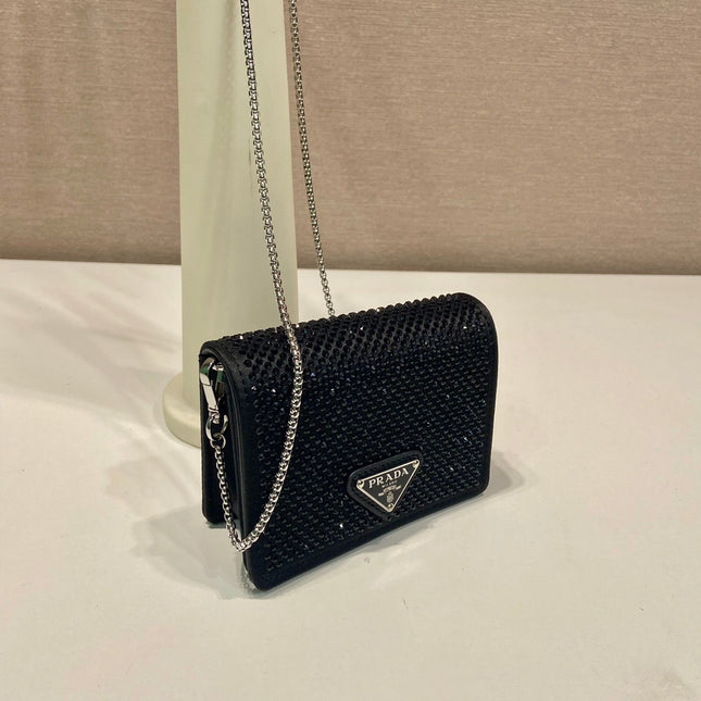 MINI FLAP BAG 11 IN BLACK DUCHESSE FABRIC ATTACHED FULL CRYSTALS SILVER CHAIN