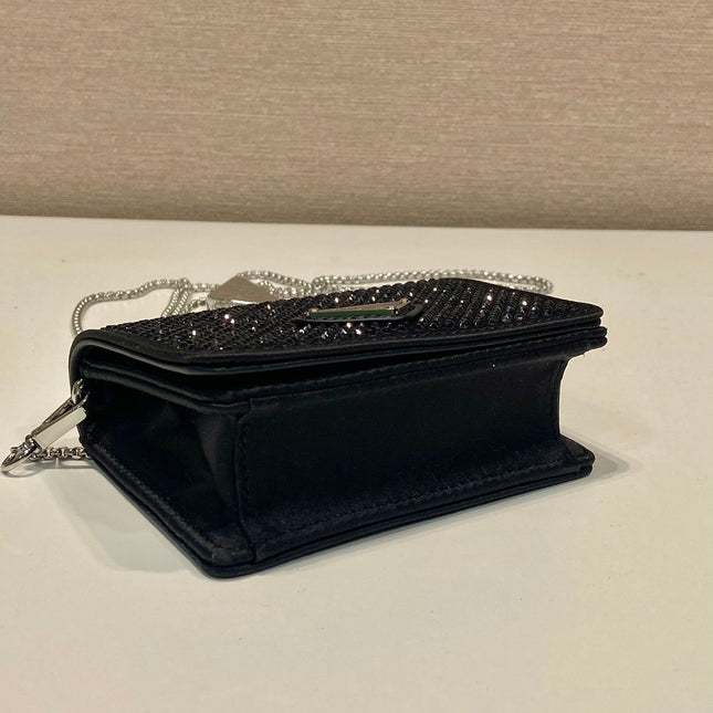 MINI FLAP BAG 11 IN BLACK DUCHESSE FABRIC ATTACHED FULL CRYSTALS SILVER CHAIN