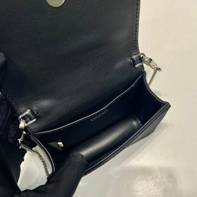 MINI FLAP BAG 11 IN BLACK DUCHESSE FABRIC ATTACHED FULL CRYSTALS SILVER CHAIN