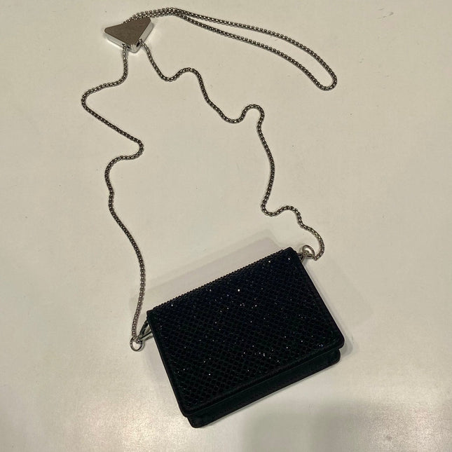 MINI FLAP BAG 11 IN BLACK DUCHESSE FABRIC ATTACHED FULL CRYSTALS SILVER CHAIN