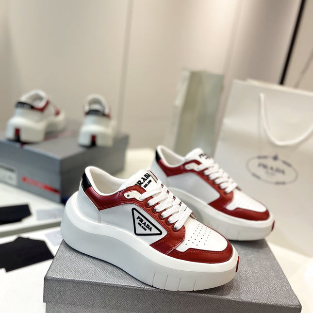 PRA DOWNTOWN THICK-SOLE SNEAKERS WHITE AND CHERRY CALFSKIN