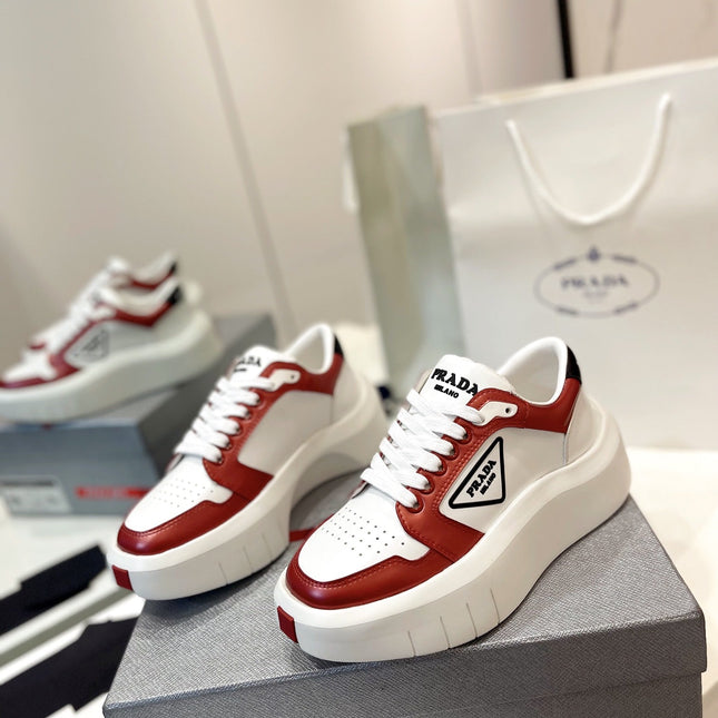 PRA DOWNTOWN THICK-SOLE SNEAKERS WHITE AND CHERRY CALFSKIN