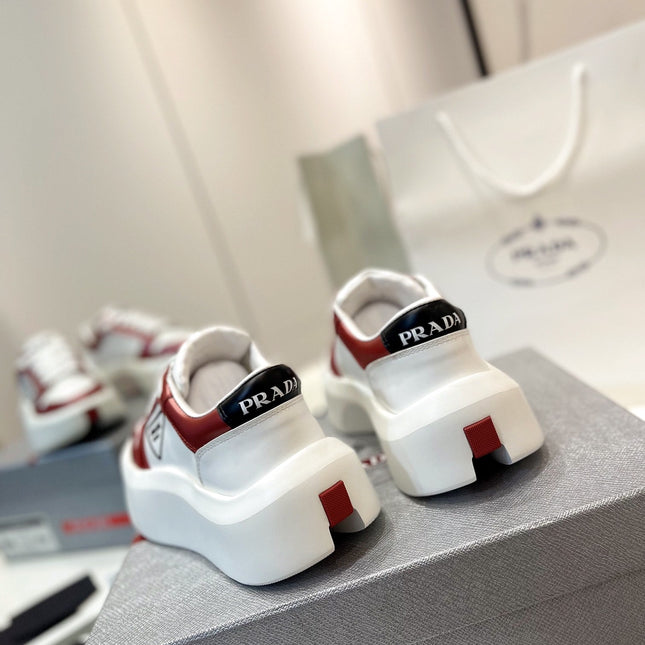 PRA DOWNTOWN THICK-SOLE SNEAKERS WHITE AND CHERRY CALFSKIN