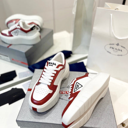 PRA DOWNTOWN THICK-SOLE SNEAKERS WHITE AND CHERRY CALFSKIN