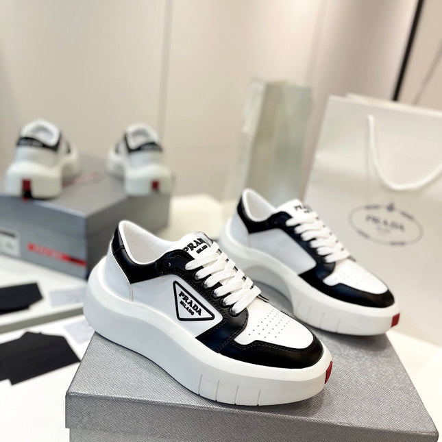 PRA DOWNTOWN THICK-SOLE SNEAKERS BLACK AND WHITE CALFSKIN
