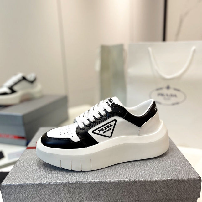 PRA DOWNTOWN THICK-SOLE SNEAKERS BLACK AND WHITE CALFSKIN