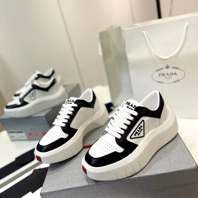 PRA DOWNTOWN THICK-SOLE SNEAKERS BLACK AND WHITE CALFSKIN