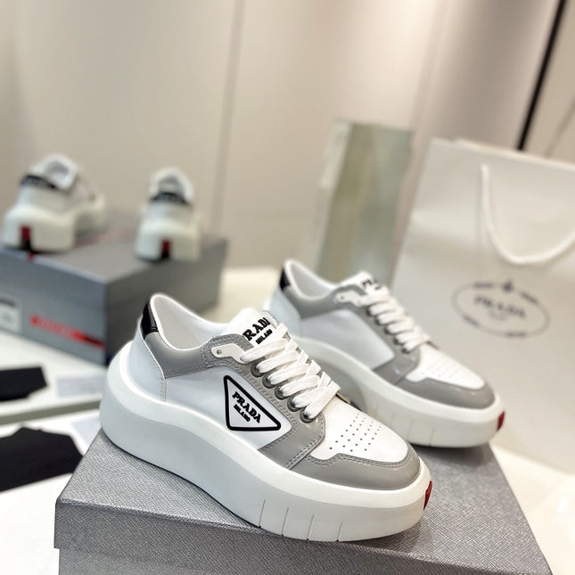 PRA DOWNTOWN THICK-SOLE SNEAKERS WHITE AND GRAY CALFSKIN