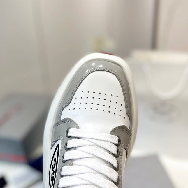 PRA DOWNTOWN THICK-SOLE SNEAKERS WHITE AND GRAY CALFSKIN