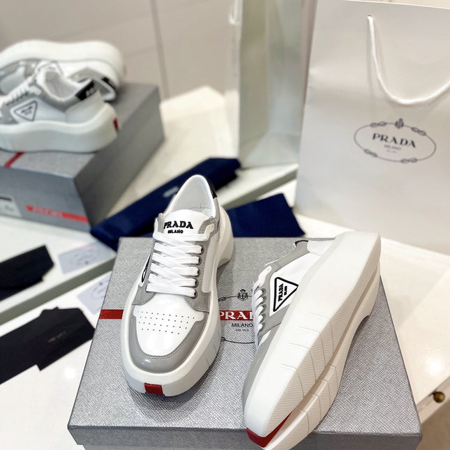 PRA DOWNTOWN THICK-SOLE SNEAKERS WHITE AND GRAY CALFSKIN