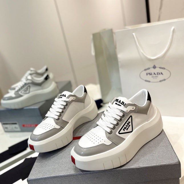 PRA DOWNTOWN THICK-SOLE SNEAKERS WHITE AND GRAY CALFSKIN