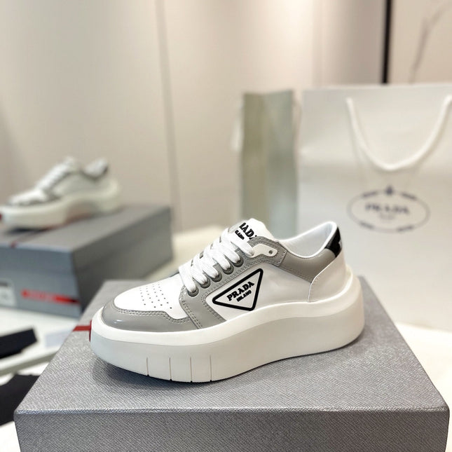 PRA DOWNTOWN THICK-SOLE SNEAKERS WHITE AND GRAY CALFSKIN