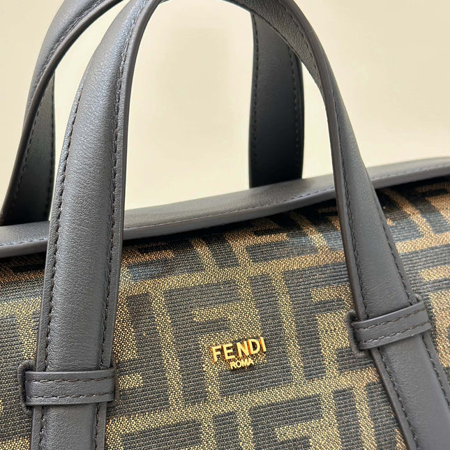 FENDI 27 BAG IN BROWN MIX BLACK JACQUARD FABRIC WITH CALFSKIN