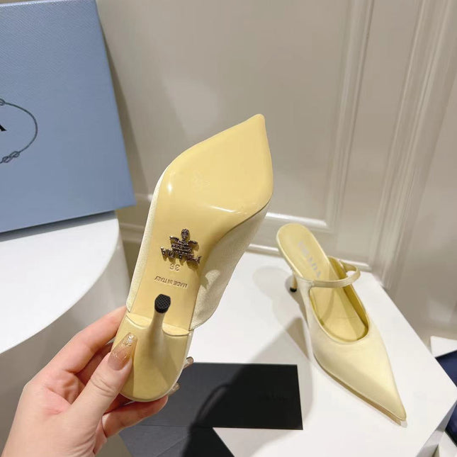 PRA HIGH-HEELED MULES YELLOW CREAM SATIN