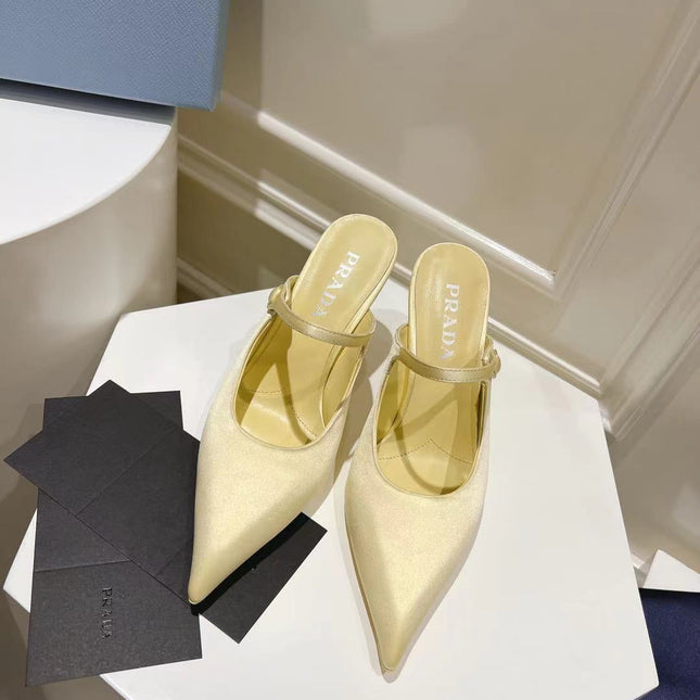 PRA HIGH-HEELED MULES YELLOW CREAM SATIN
