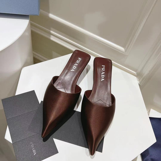 PRA POINTED-TOE MULES CHOCOLATE SATIN