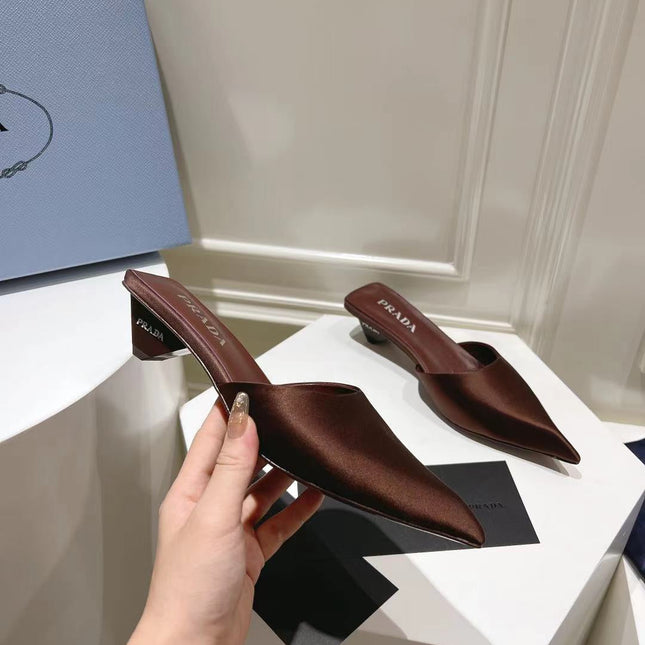 PRA POINTED-TOE MULES CHOCOLATE SATIN