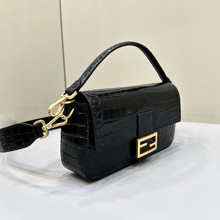 BAGUETTE 27 IN BLACK CROCODILE PATTERN GLOSSY CALFSKIN GOLD HARDWARE