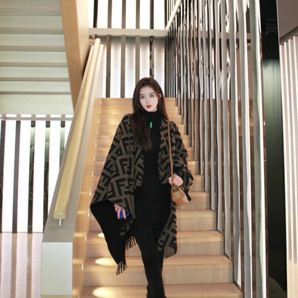 FF 170 CM SCARF IN CAMEL BROWN MIX BLACK CASHMERE AND WOOL