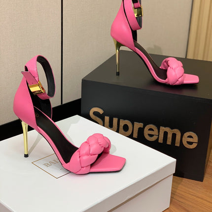 BALMAIN 25S ANKLE STRAP HIGH HEEL 95MM IN PINK CALFSKIN