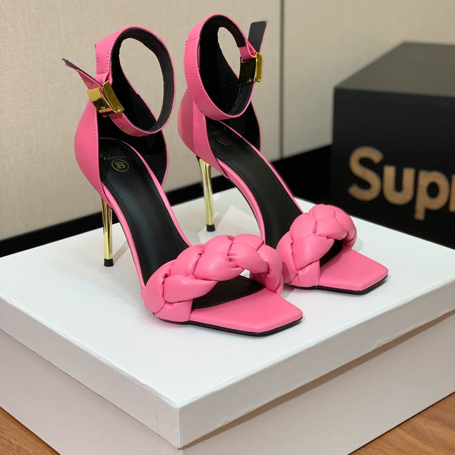 BALMAIN 25S ANKLE STRAP HIGH HEEL 95MM IN PINK CALFSKIN