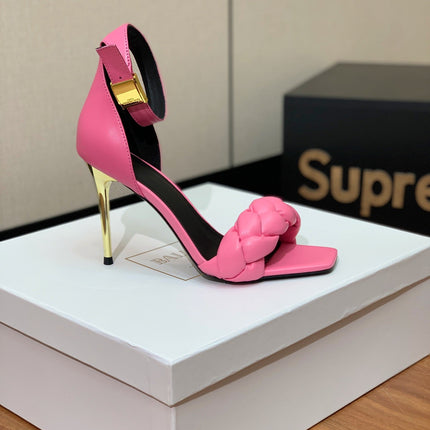 BALMAIN 25S ANKLE STRAP HIGH HEEL 95MM IN PINK CALFSKIN