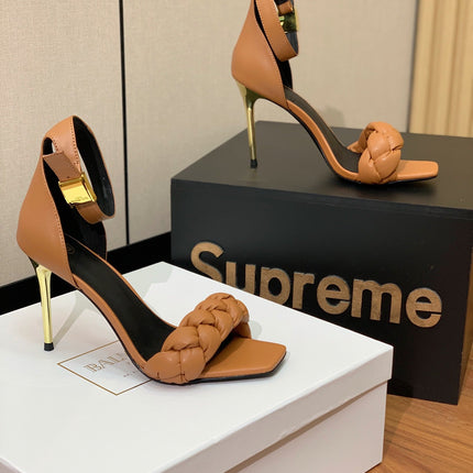 BALMAIN 25S ANKLE STRAP HIGH HEEL 95MM IN BROWN CALFSKIN