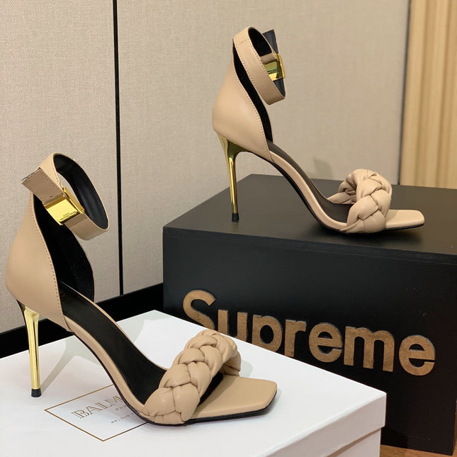 BALMAIN 25S ANKLE STRAP HIGH HEEL 95MM IN BEIGE GRAY CALFSKIN