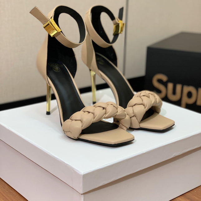 BALMAIN 25S ANKLE STRAP HIGH HEEL 95MM IN BEIGE GRAY CALFSKIN
