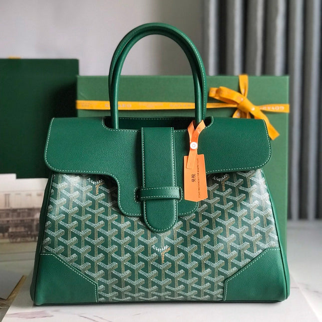 SAIGON SOUPLE BAG 34 IN GREEN GOYARDINE CANVAS AND CALFSKIN