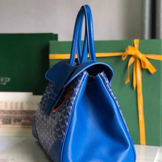 SAIGON SOUPLE BAG 34 IN CURIOUS BLUE GOYARDINE CANVAS AND CALFSKIN