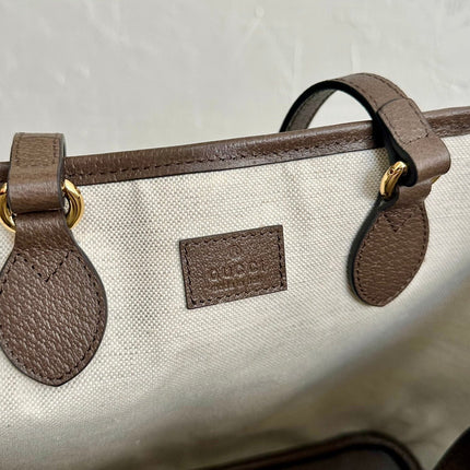 OPHIDIA SMALL TOTE BAG 31 BEIGE CANVAS AND BROWN CALFSKIN