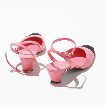high slingbacks pink black grosgrain