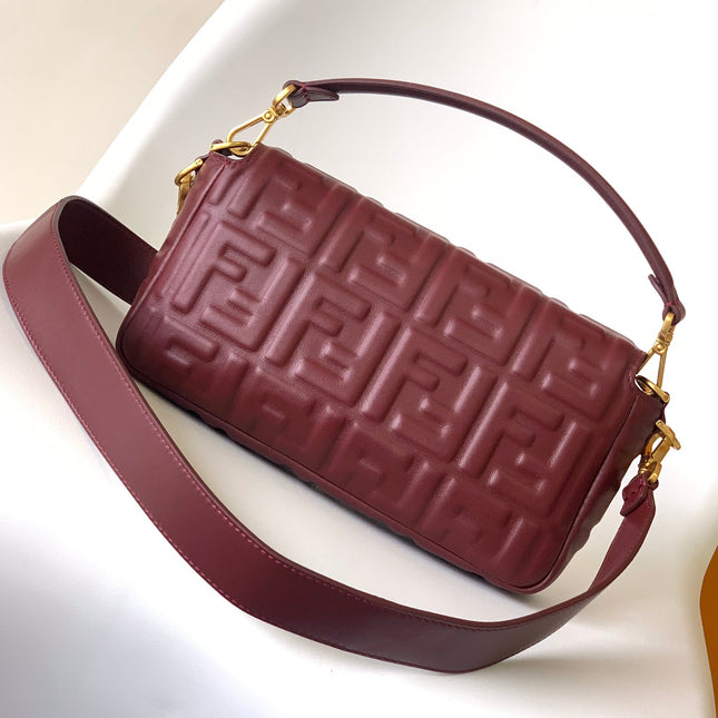 Fend Baguette 27 Bag With FF Motif Burgundy Leather Ghw