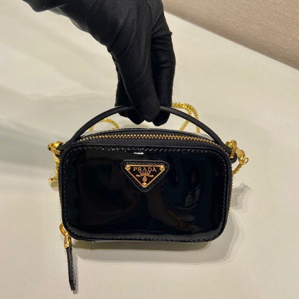 MINI HAND BAG 11 WITH GOLD STRAP IN BLACK PATENT CALFSKIN