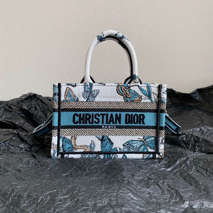 MINI BOOK TOTE 21 BUTTERFLY PATTERN BLUE CALFSKIN