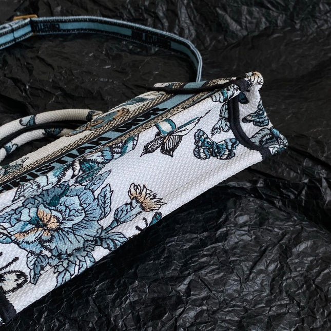 MINI BOOK TOTE 21 BUTTERFLY PATTERN BLUE CALFSKIN