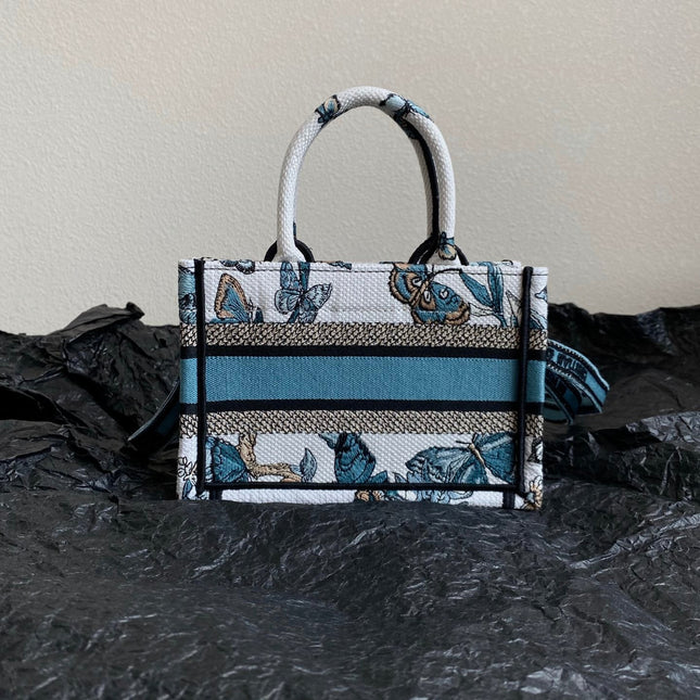 MINI BOOK TOTE 21 BUTTERFLY PATTERN BLUE CALFSKIN