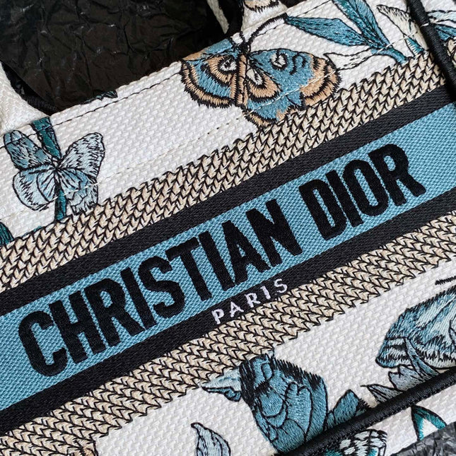 MINI BOOK TOTE 21 BUTTERFLY PATTERN BLUE CALFSKIN