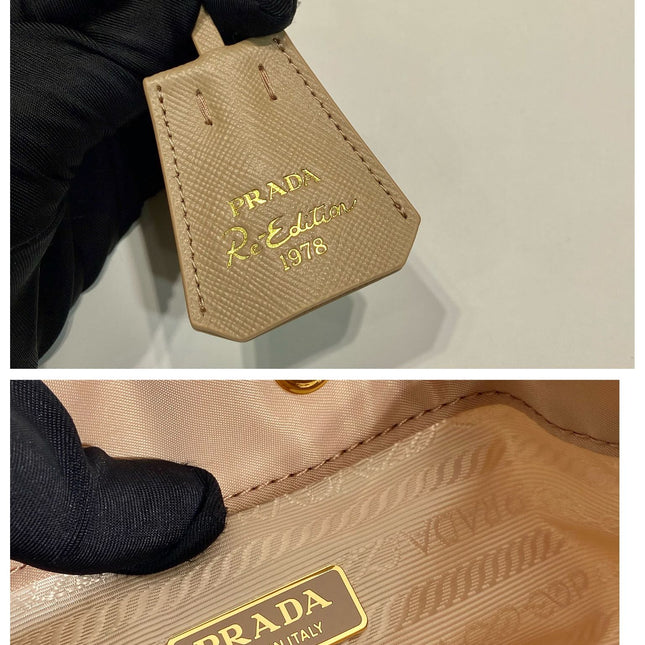 BUCKET BAG 19 IN BEIGE RE-NYLON AND SAFFIANO LEATHER HANDLE
