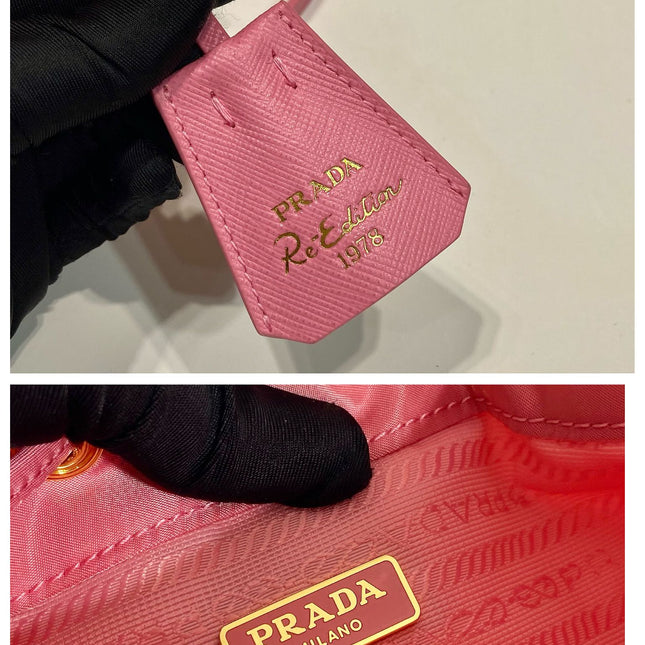 BUCKET BAG 19 IN CANDY PINK RE-NYLON AND SAFFIANO LEATHER HANDLE