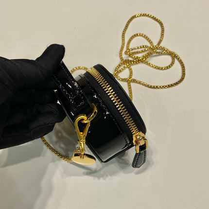 MINI ROUND BAG 8 IN BLACK GLOSSY CALFSKIN GOLD HARDWARE