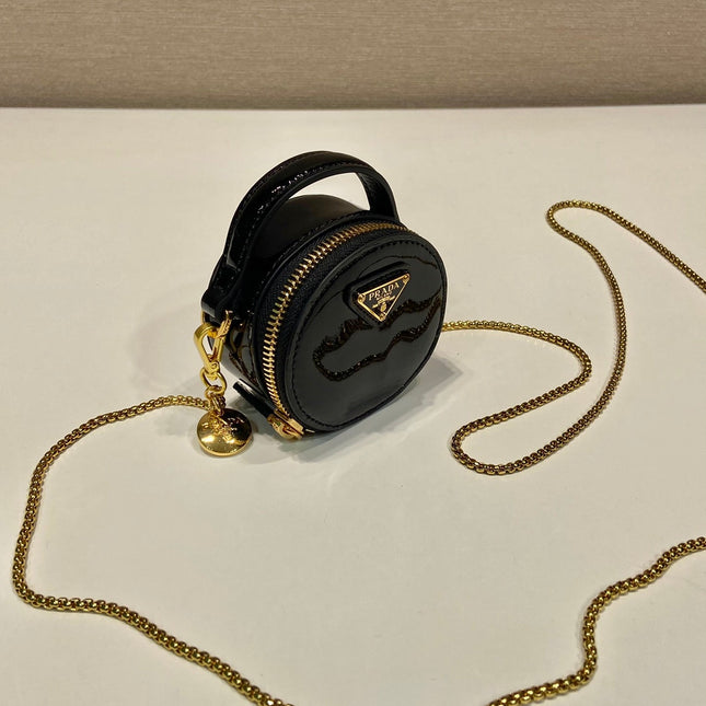 MINI ROUND BAG 8 IN BLACK GLOSSY CALFSKIN GOLD HARDWARE