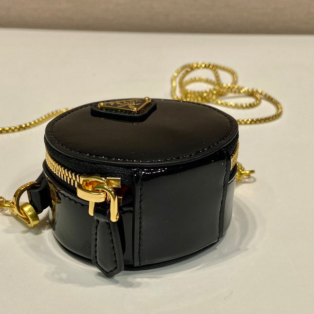 MINI ROUND BAG 8 IN BLACK GLOSSY CALFSKIN GOLD HARDWARE