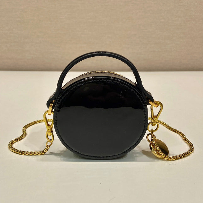 MINI ROUND BAG 8 IN BLACK GLOSSY CALFSKIN GOLD HARDWARE