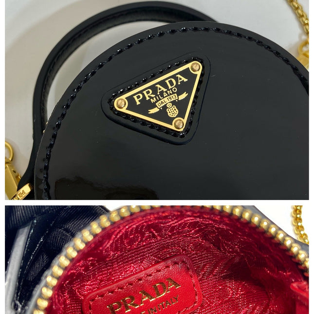 MINI ROUND BAG 8 IN BLACK GLOSSY CALFSKIN GOLD HARDWARE
