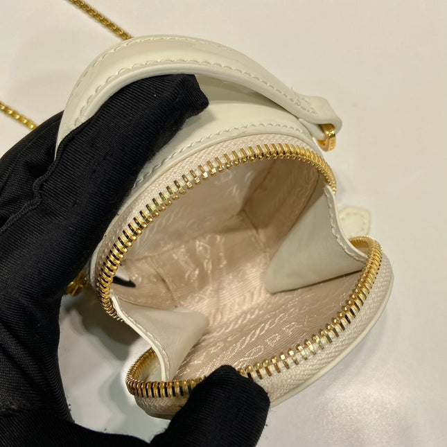 MINI ROUND BAG 8 IN WHITE GLOSSY CALFSKIN GOLD HARDWARE